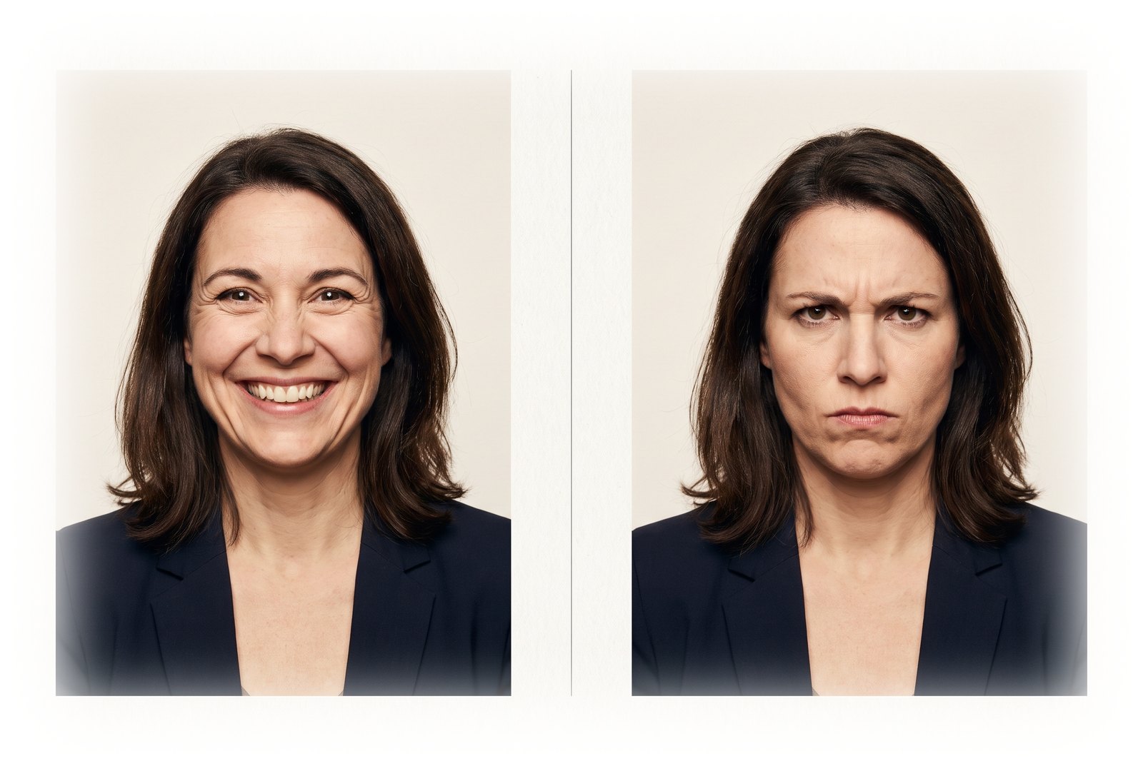 Comment détecter le non verbal avec les émotions : la même femme avec un sourire sincère, puis en colère
